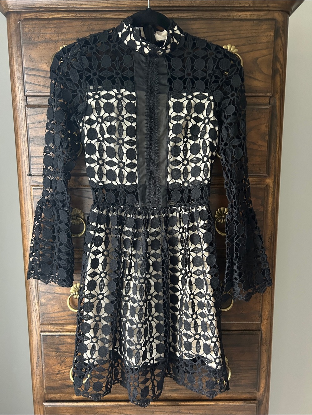 Black Lace Overlay Mini Dress with Cream Lining
